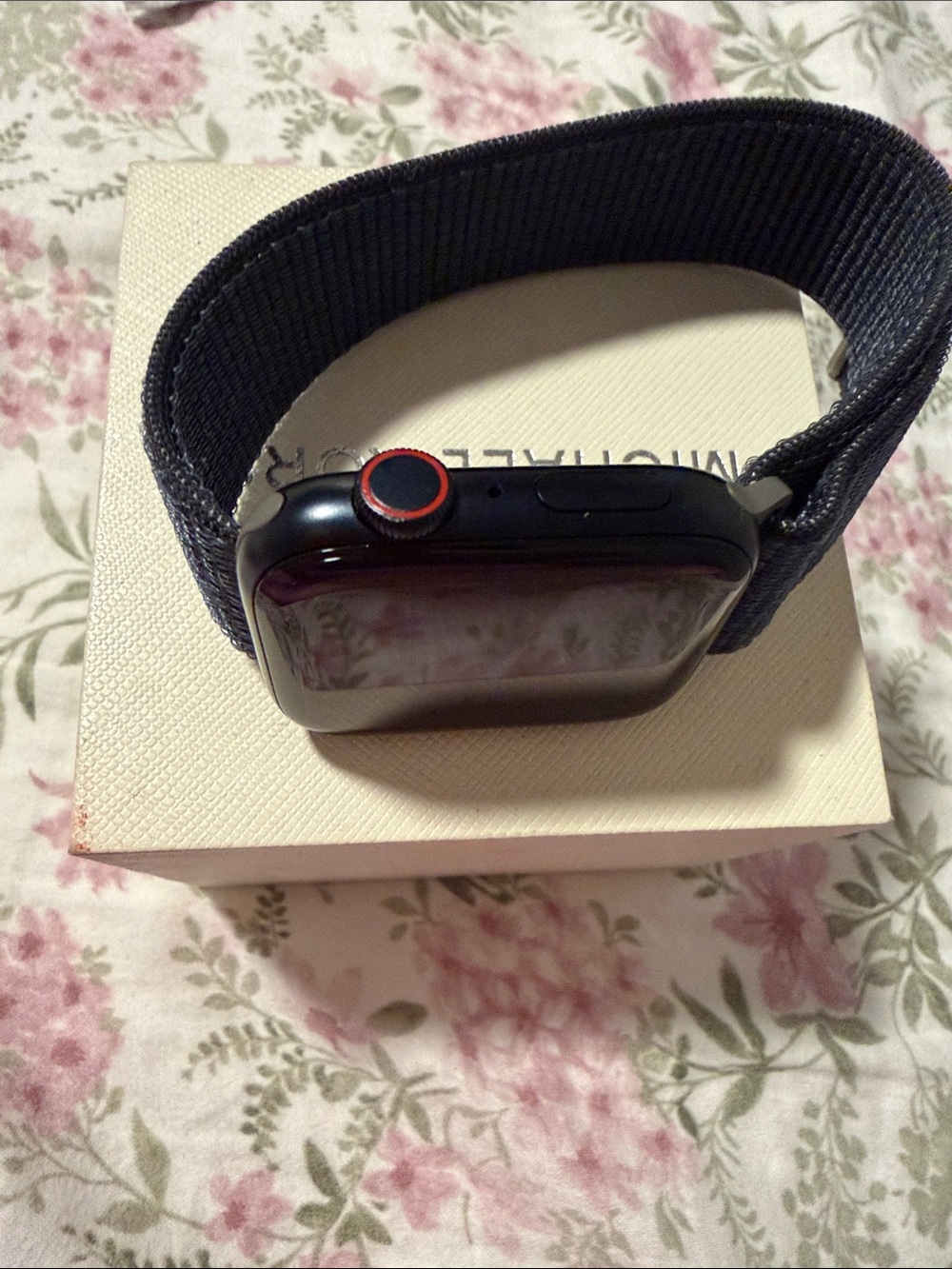 Apple Black Smartwatch with Navy Nylon Loop and Red Crown Accent